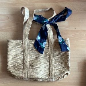 Draper James Straw Shoulder Bag with Blue & White Flower Scarf